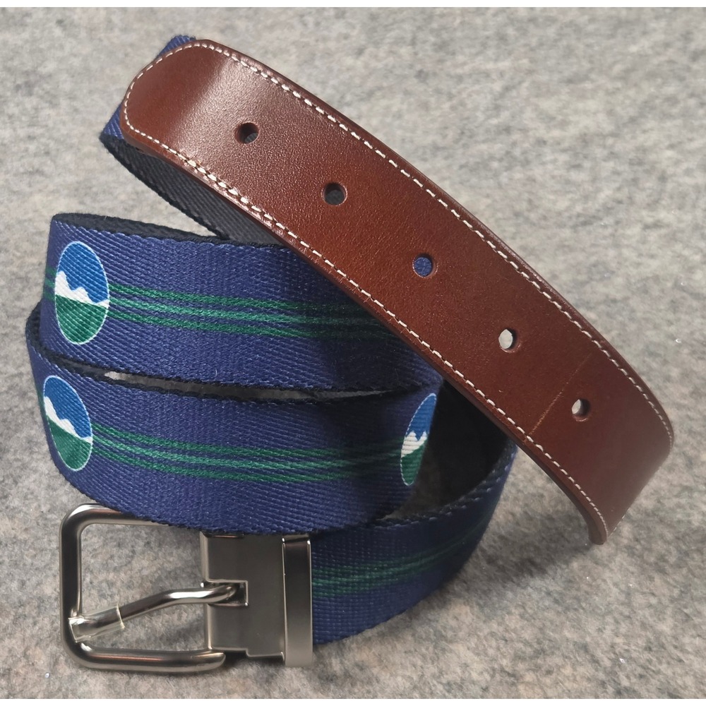 Peter Millar Mens Webbed Golf Belt Blue Green Mountain Logo Leather Tip 38 40
